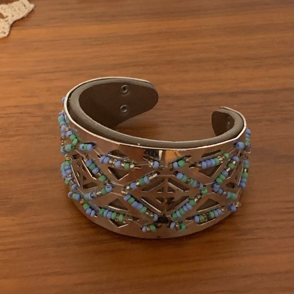 Turquoise and Silver tone Leather Cuff Bracelet
